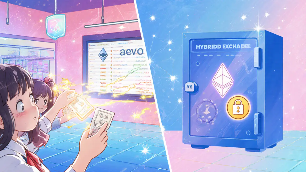 Split scene shows fast off‑chain matching and secure on‑chain settlement with tokens.