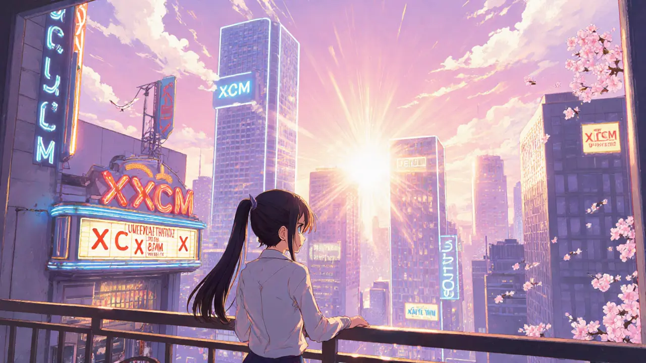 The protagonist gazes at a futuristic city featuring an NFT marketplace and margin‑trading towers, hinting at XCM’s future.