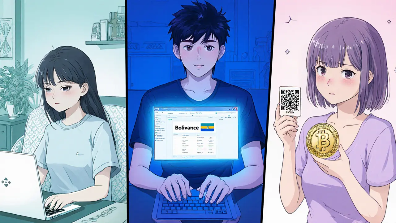 Three characters illustrate domestic VASP, international exchange, and stablecoin use.
