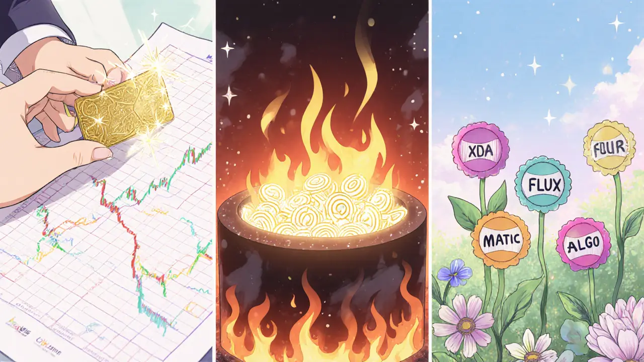 Three shoujo manga panels illustrate XCM’s fee discount, buy‑back burn, and staking rewards with whimsical visuals.