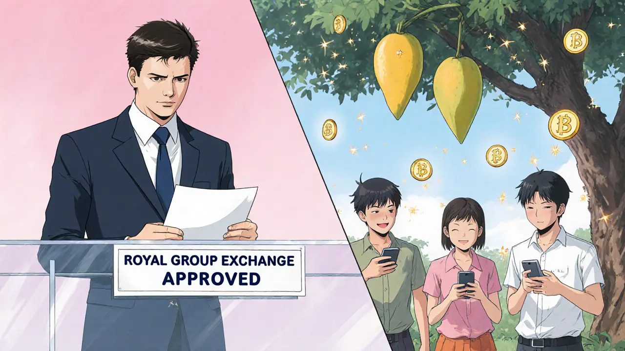 A businessman submits documents for crypto approval while villagers use Bakong to send money in a rural village.