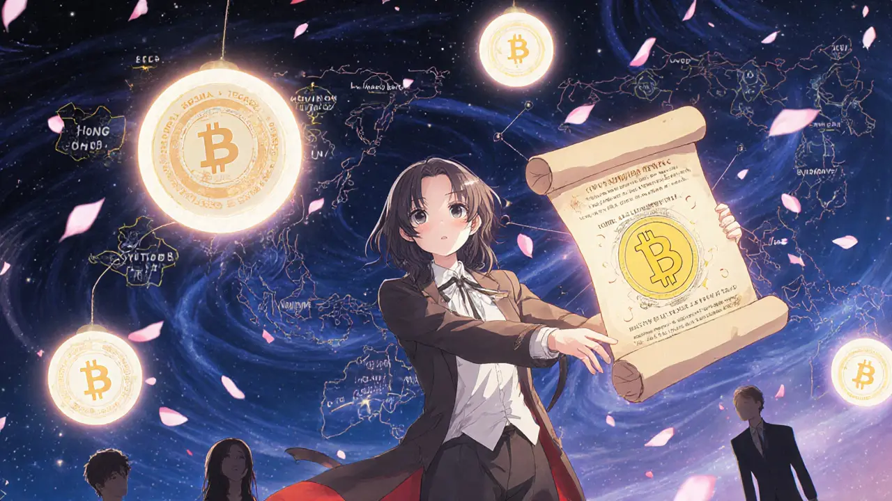 A Canadian figure holds a glowing Bitcoin ETF scroll, illuminating global pathways as celestial crypto constellations swirl above.