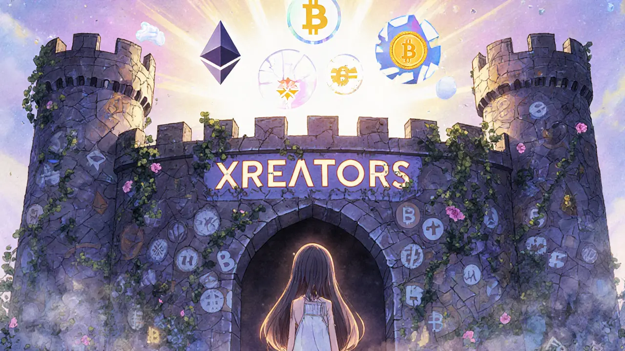 A crumbling fake crypto fortress beside a thriving real crypto ecosystem in a dreamy anime style.