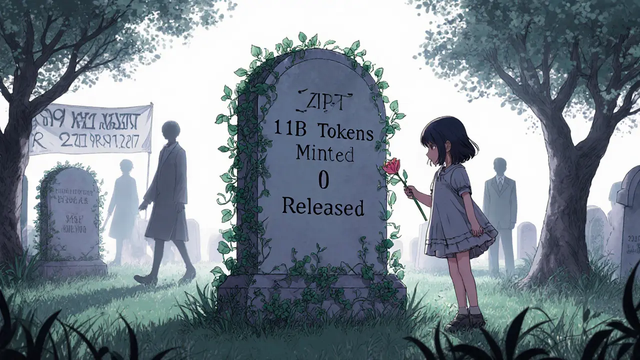 A crypto tombstone marked &#039;0 Released&#039; with a flower placed beside it, as shadowy figures walk away into fog.