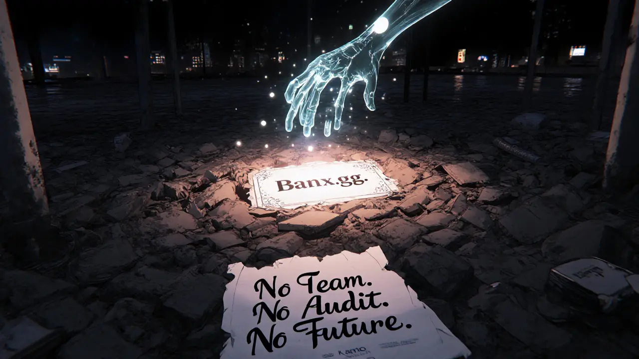 A forgotten Banx.gg smart contract buried in dust, with a vanishing developer’s hand and lit alternatives in background.