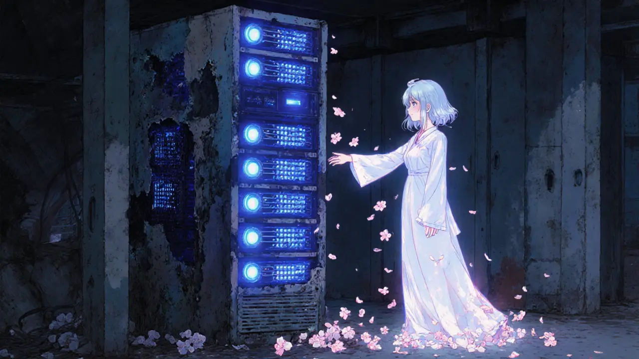 A ghostly miner watches as a new AI center lights up in her former facility, cherry blossoms falling between past and future.