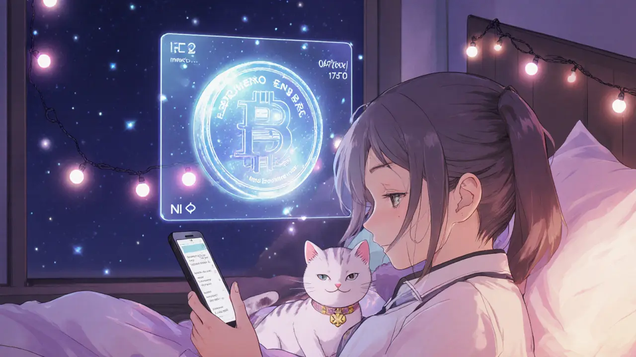 A girl checks her phone at night as holographic BNB rewards glow above her bed with her cat nearby.