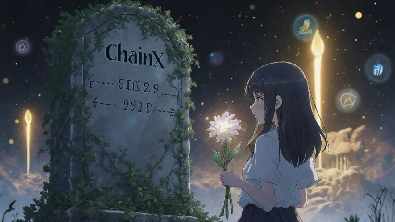 A girl holding a binary flower before a crumbling ChainX monument.