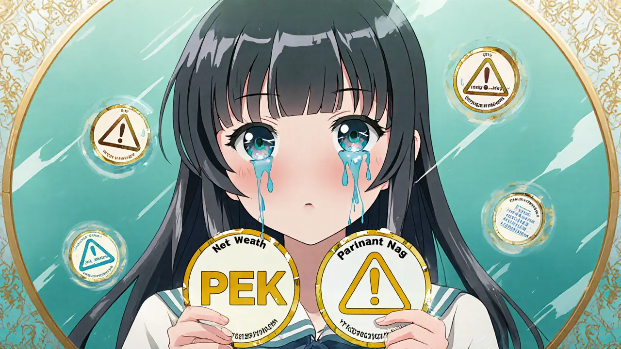 A girl holding two confusing PEK tokens as they glow differently, with mirror reflections of other tokens.
