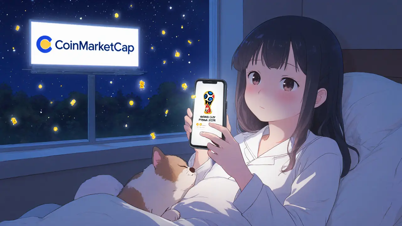 A girl in pajamas sleeping beside her virtual pet, with glowing NFTs drifting like fireflies outside her window.