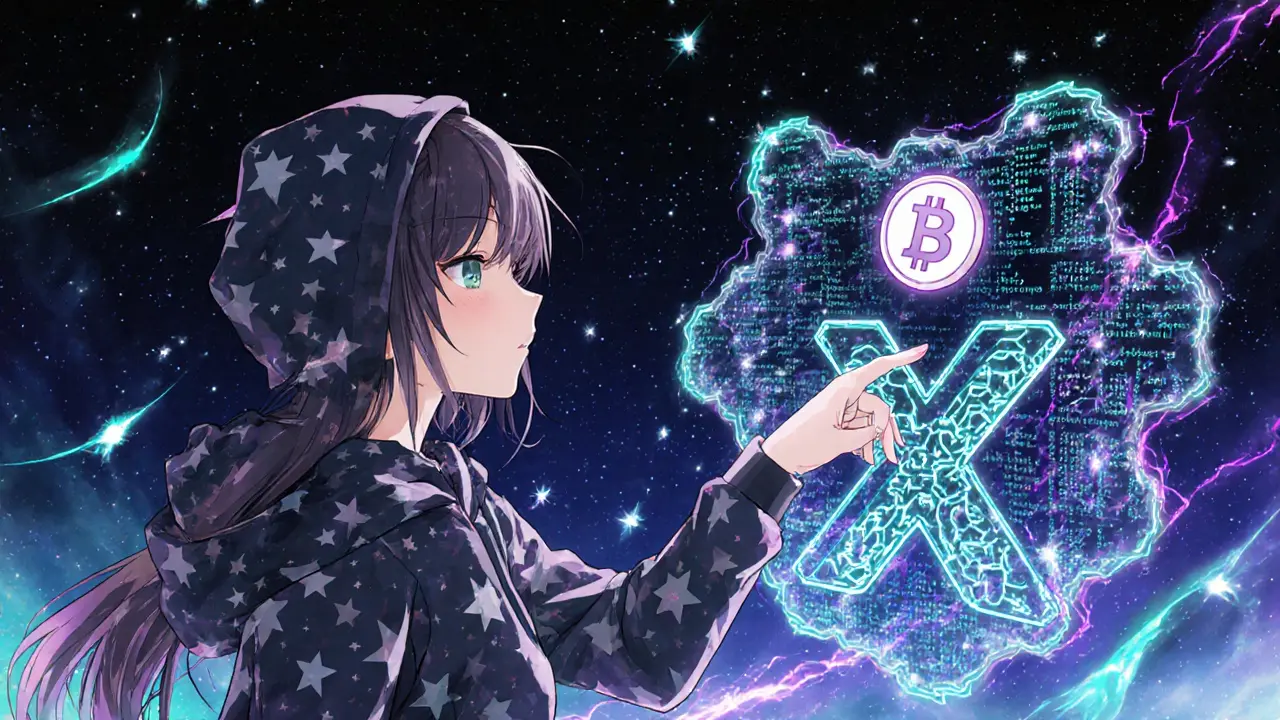 A girl reaching toward a fractal DEX interface made of glowing code and crypto tokens, set against a cosmic neon background.