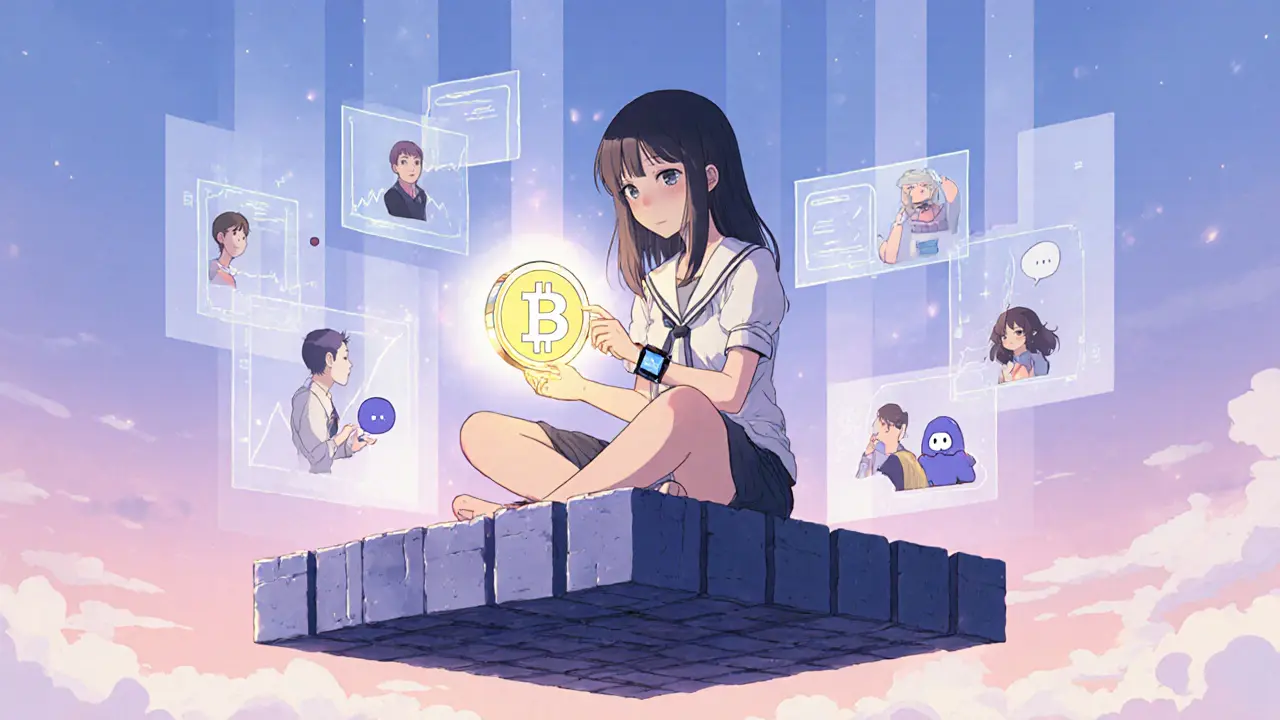 A girl sits on blockchain blocks, watching holograms of active users as retention graphs rise at dawn.