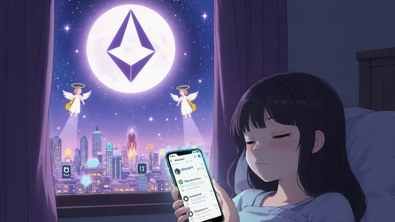 A girl sleeps as her wallet glows with stETH and insurance badges, guarded by ethereal blockchain angels.