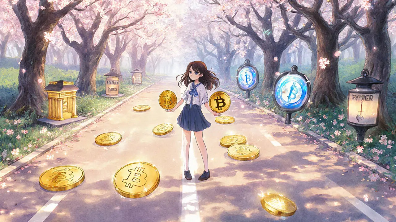 A girl standing at a fork in the road, one path for CEX and one for DEX, with cherry blossoms drifting around her.