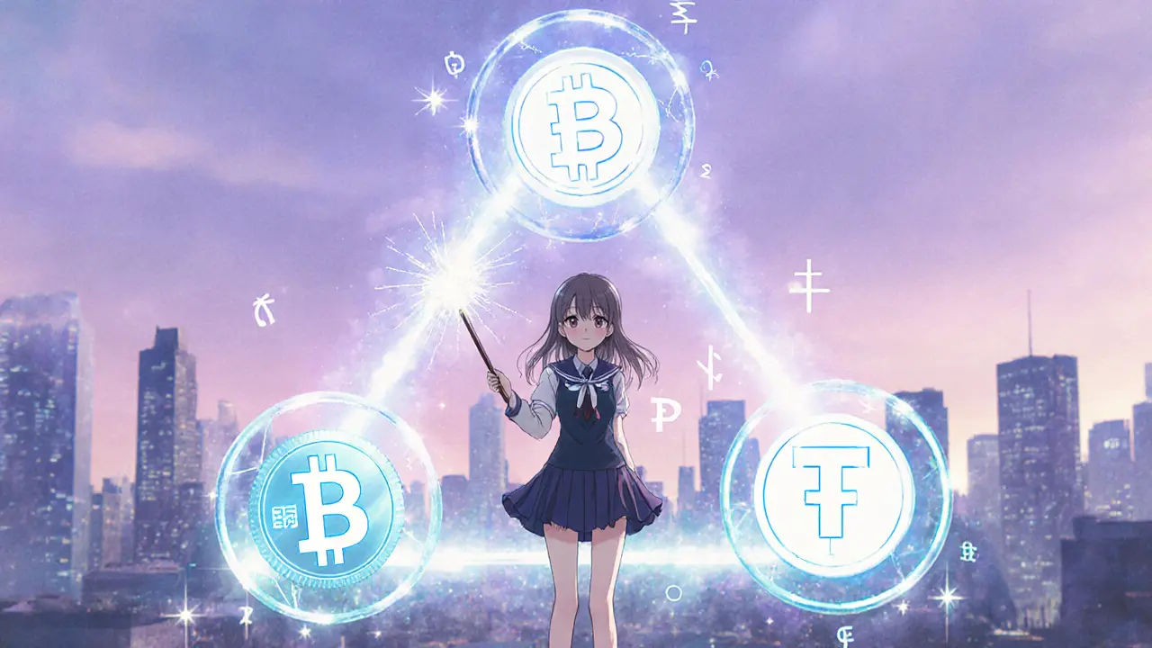 A girl standing in a magical triangle of spinning crypto tokens above a twilight cityscape.