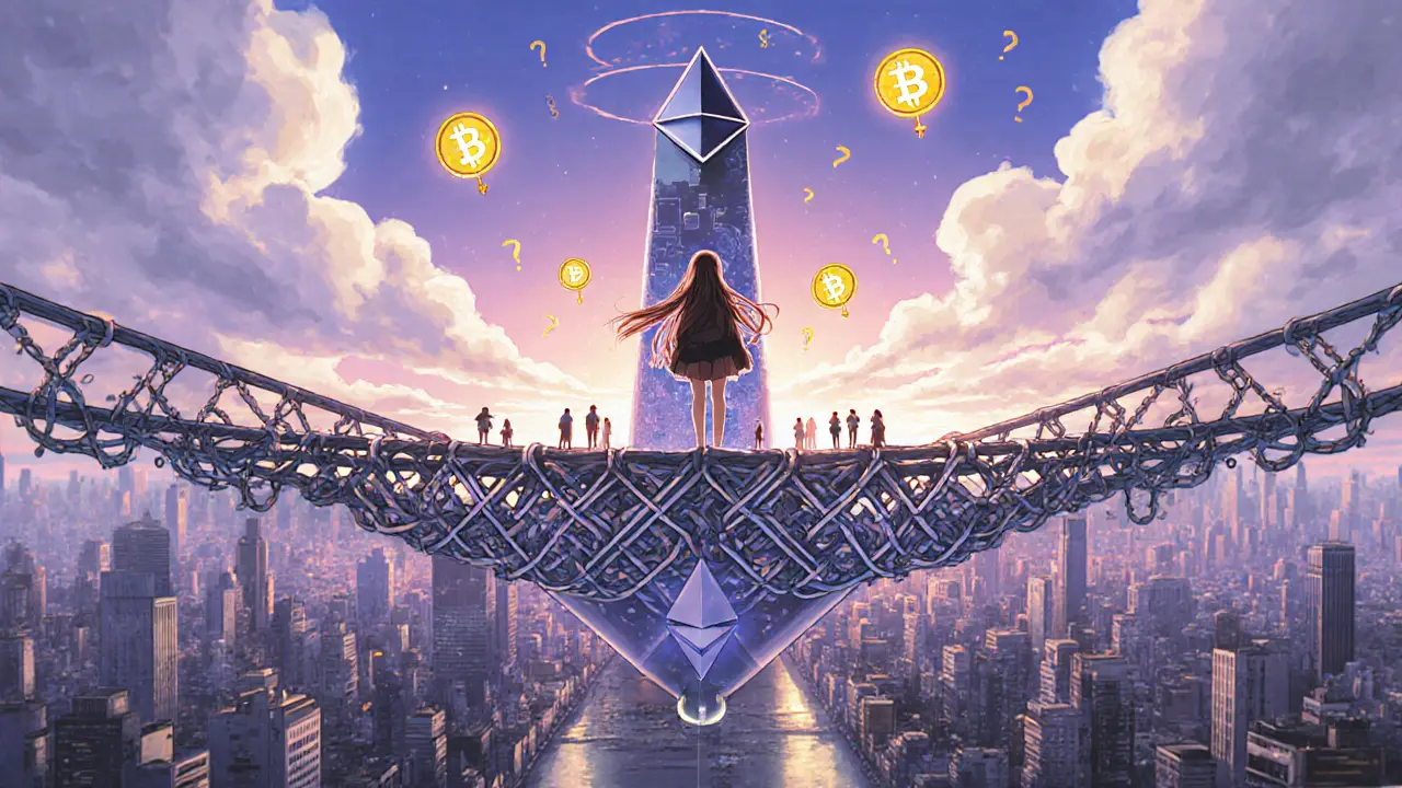 A girl stands on a bridge of blockchains as SyncSwap towers above other exchanges, golden token symbols rising like lanterns.