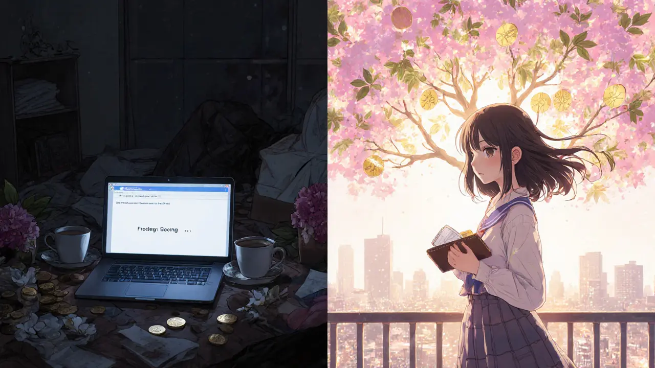 A girl stands safely on a sunlit balcony with a hardware wallet, a glowing blockchain tree blooming behind her.