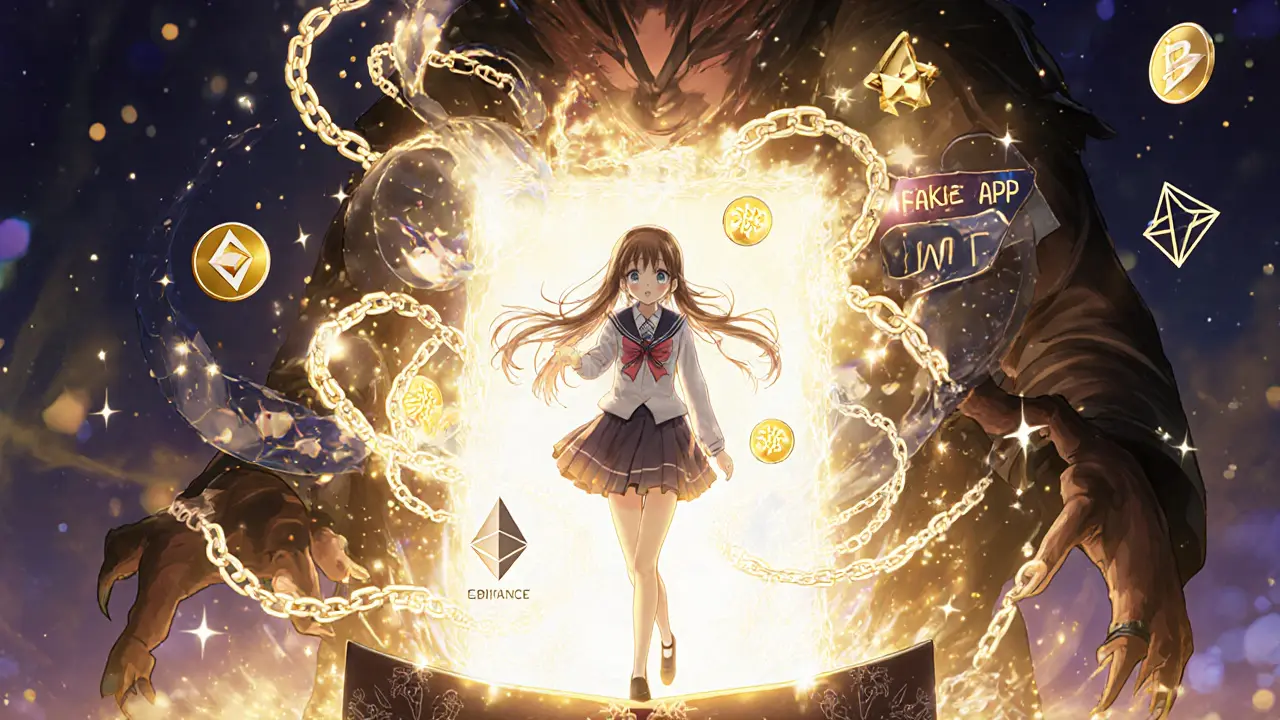 A girl walks through a magical wallet portal, CWT tokens sparkling as a fake app reaches for her.