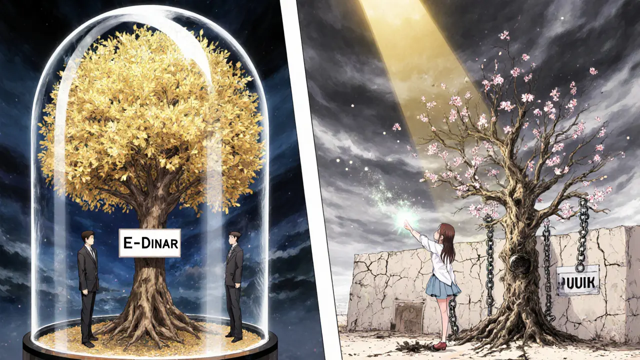 A glowing Bitcoin tree withers under chains while a government-controlled E-Dinar tree thrives in a glass dome, a girl reaches through the wall.