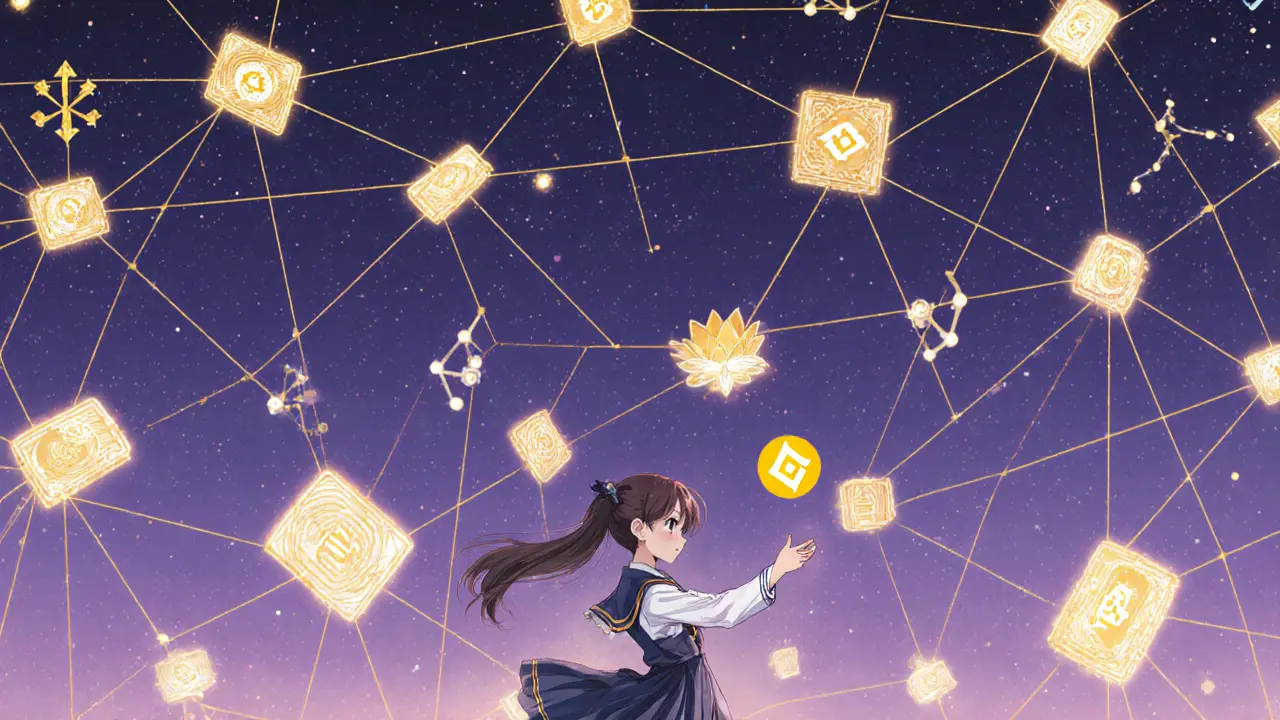 A glowing network of BSC wallets connects across a celestial sky, with one figure receiving a lotus-shaped QBT token.