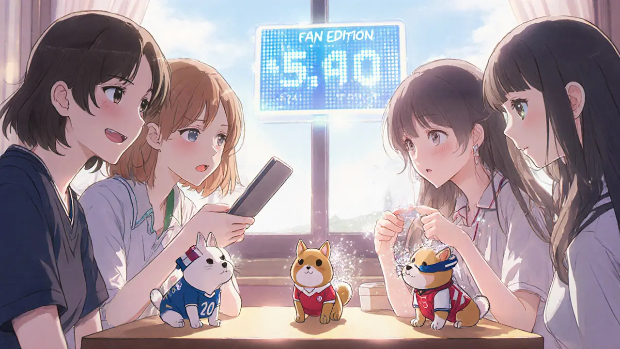 A group of teens smiling at a tablet showing cute pet NFTs with World Cup themes in a sunlit café.