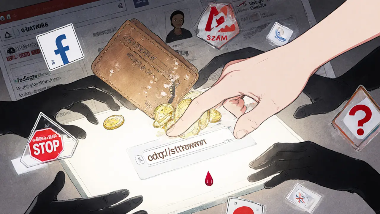 A hand losing coins to shadowy hands as warning signs float around, symbolizing a crypto scam.
