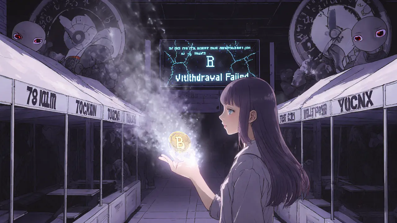 A hand reaching for a vanishing coin in an empty digital marketplace.