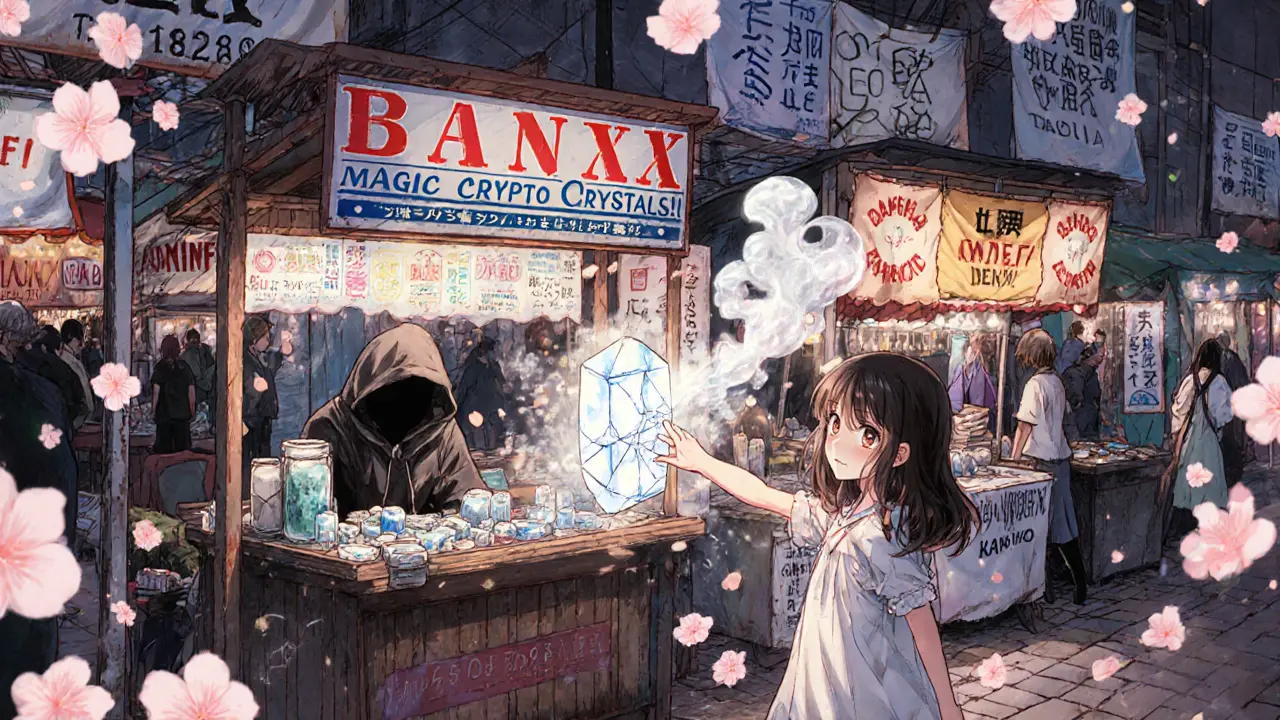 A lone vendor sells a cracked BANX crystal at a flea market while thriving DeFi projects shine nearby.