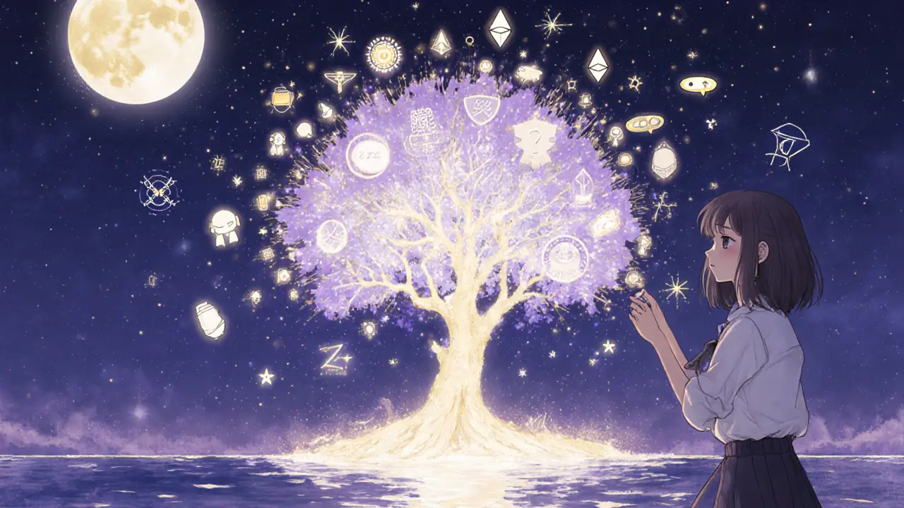 A person creating a glowing NFT tree that blooms into AI icons under a blockchain river.