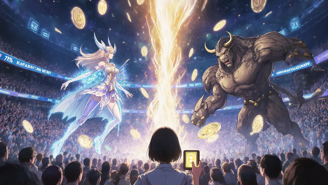 A quiet girl holds an NFT card in a bustling arena as golden BNB reflections rise into the sky.