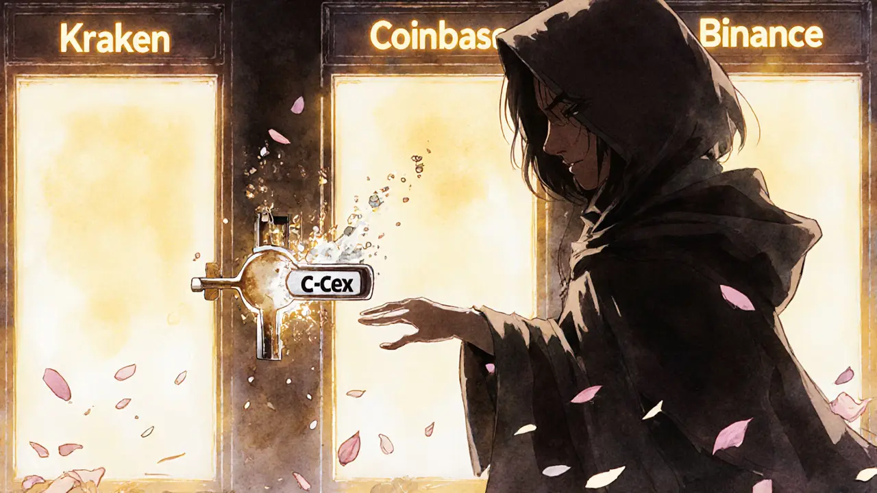 A shadowy figure melts a key labeled C-Cex while three glowing exchange doors shine behind a reaching girl.