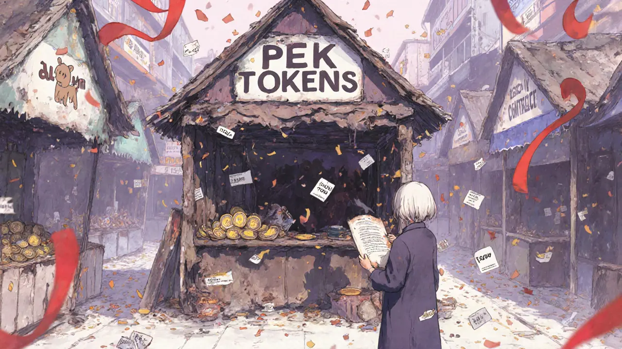 A solitary customer at an abandoned PEK token stall amid empty crypto markets in shoujo manga style.