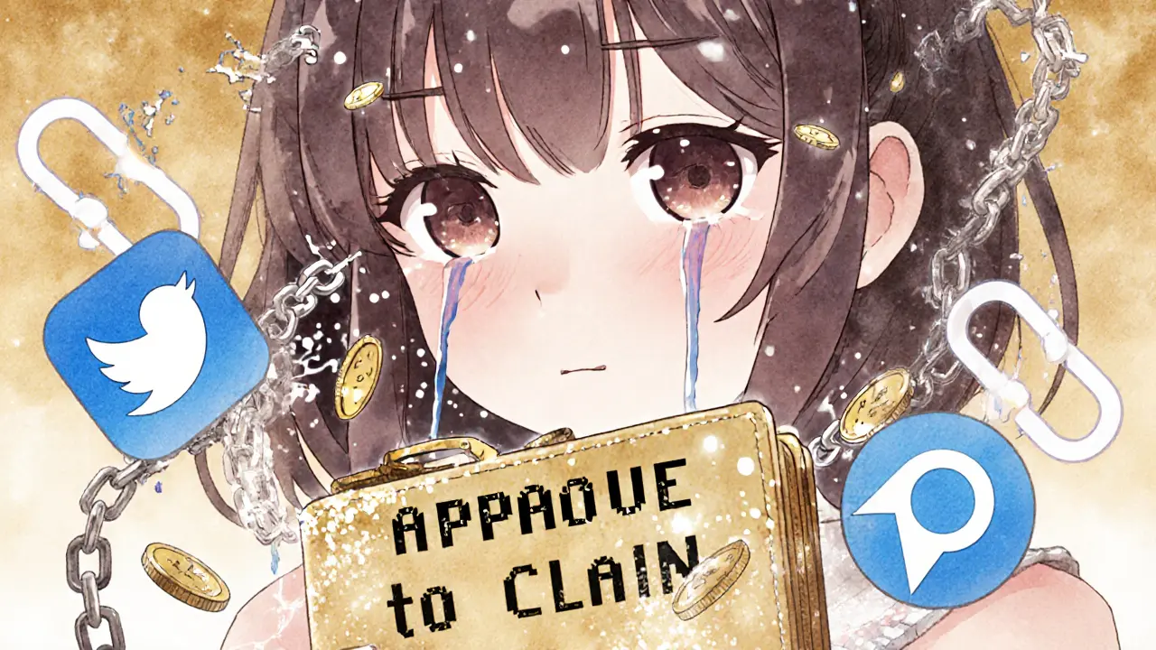 A wallet is being drained by shadowy text prompts, surrounded by broken social media icons.