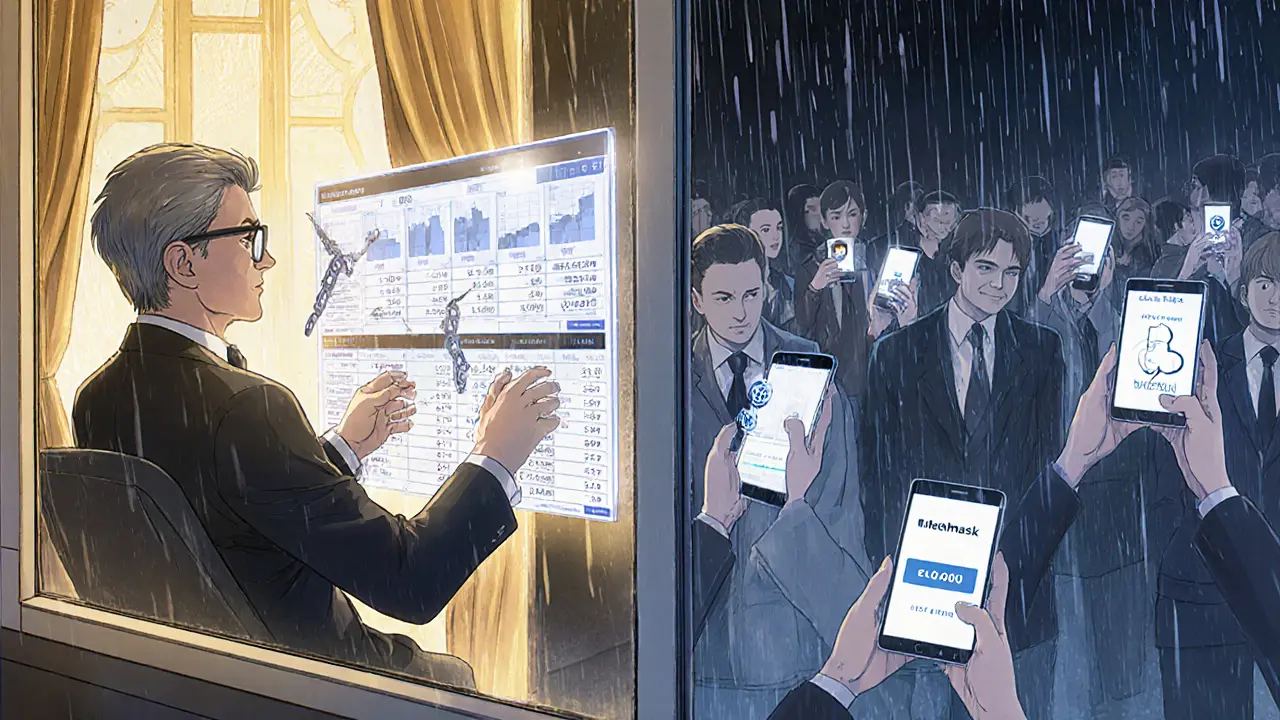 A wealthy investor in a luxury office overlooks a rainy city where ordinary citizens use DeFi wallets, symbolizing economic inequality.