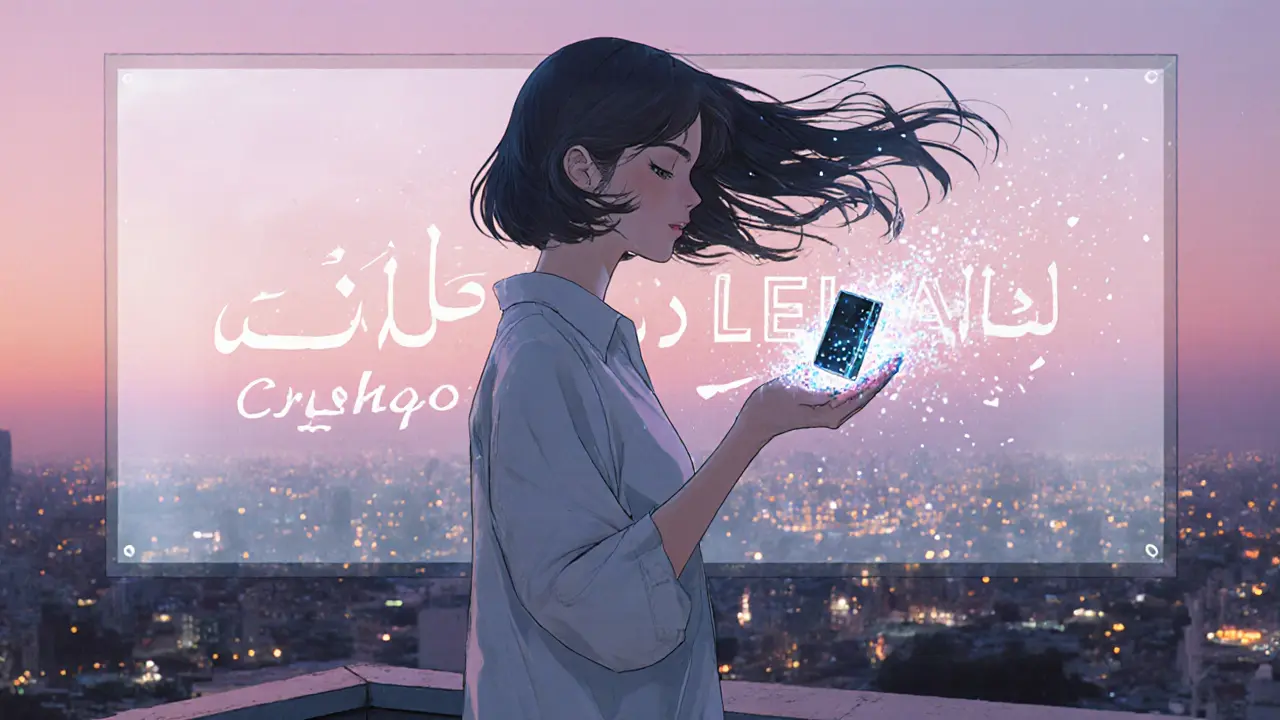 A woman on a rooftop watching her crypto wallet dissolve into light as a forbidden message fades in the sky.