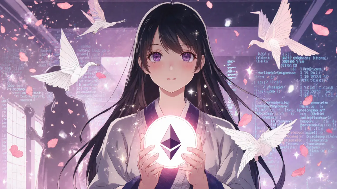 A young trader holds an Ethereum token as holographic DeFi protocols unfold like origami cranes around her in a soft pink dojo.