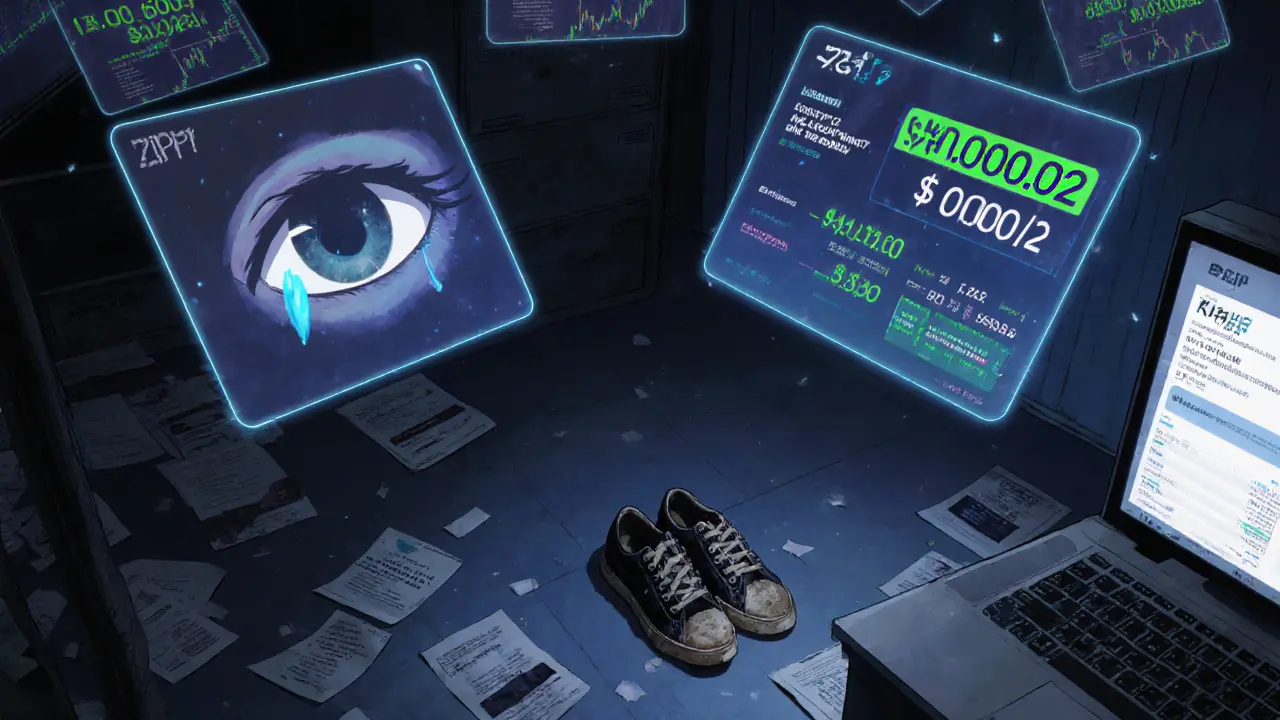 An empty crypto trading floor with fading ZIPT price charts and scattered ICO flyers under moonlight.