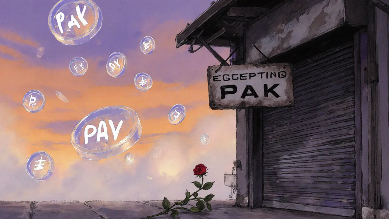 An empty marketplace with fading PAK coin icons drifting away, a single rose on the ground at dusk.