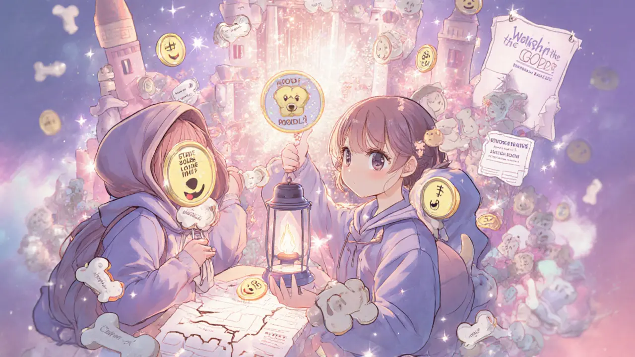 Anime characters worship glowing POODL tokens in a castle made of bones and emojis, with unreadable roadmaps in the background.