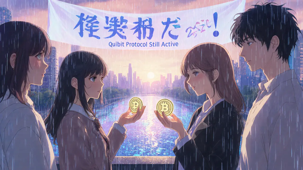 Diverse individuals stand on a rain-slicked bridge, holding QBT tokens as digital blockchain rivers flow below at dawn.
