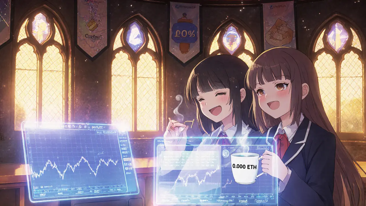 Friends in a cozy lounge celebrate low-fee crypto trades on holographic screens with networks glowing like constellations.