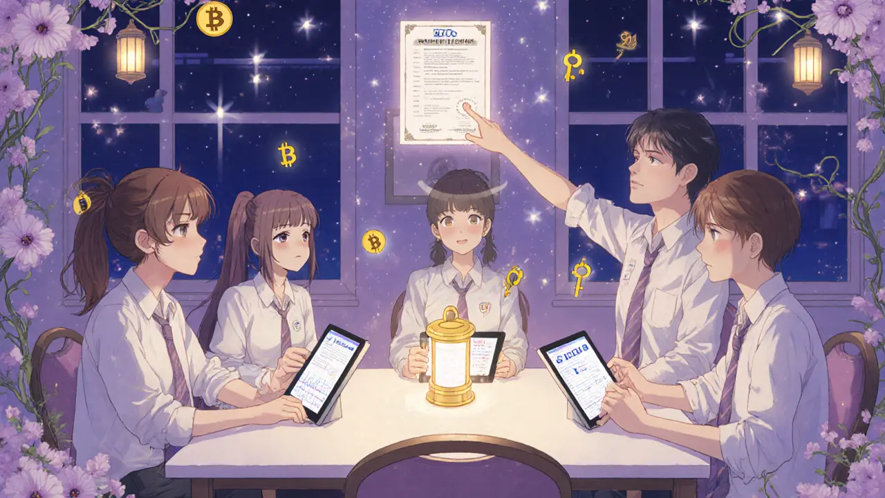Friends in a cozy office gaze at glowing Bitcoin charts, with digital coins floating like fireflies around them.