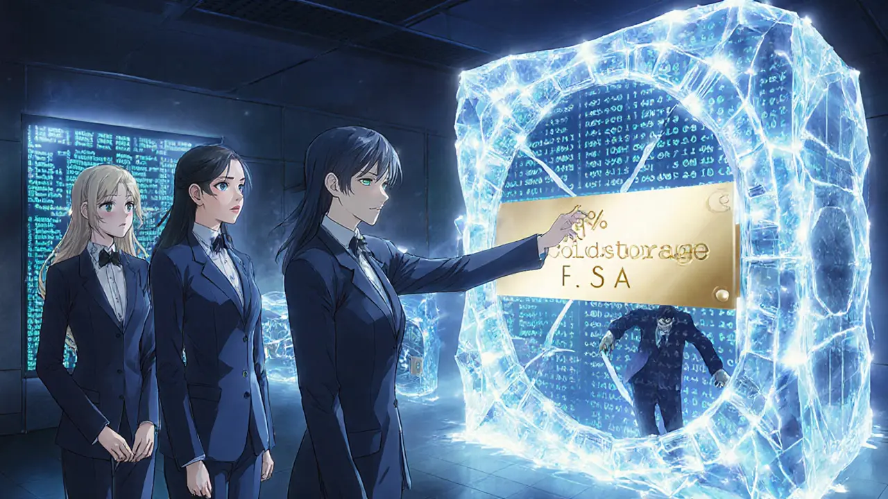 FSA regulators monitoring blockchain ledgers as cold wallets glow with protective energy, repelling a hacker.