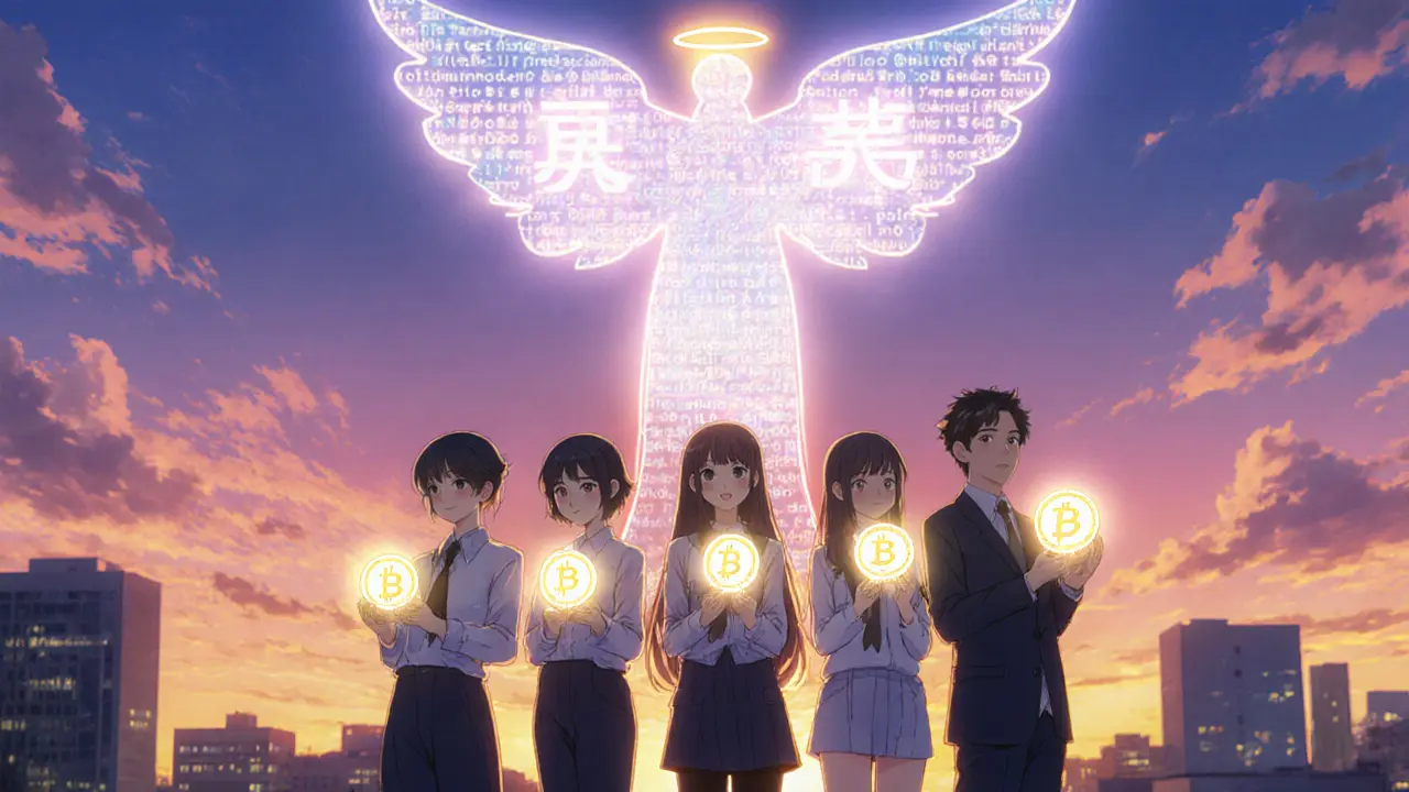 Japanese investors on a rooftop holding glowing tokens, watched over by a blockchain guardian angel at sunset.
