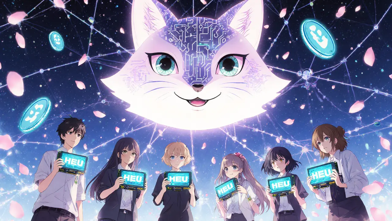 People holding GPUs as light threads connect them to a smiling AI fox spirit in a starry network.