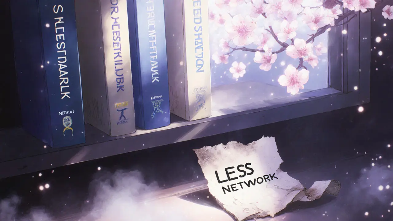 Real project books glow on a shelf while a faded &#039;LESS Network&#039; page crumbles to smoke.