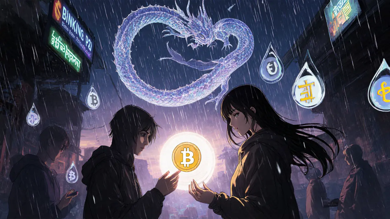 Shadowy figures trade crypto underground as a giant Bakong dragon watches over a glowing riel coin in the rain.