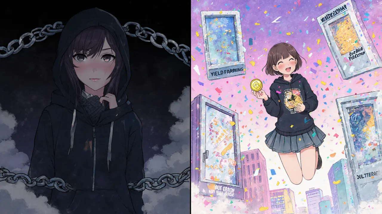 Split scene: one side shows locked ETH with chains, the other shows stETH unlocking DeFi doors in a vibrant city.