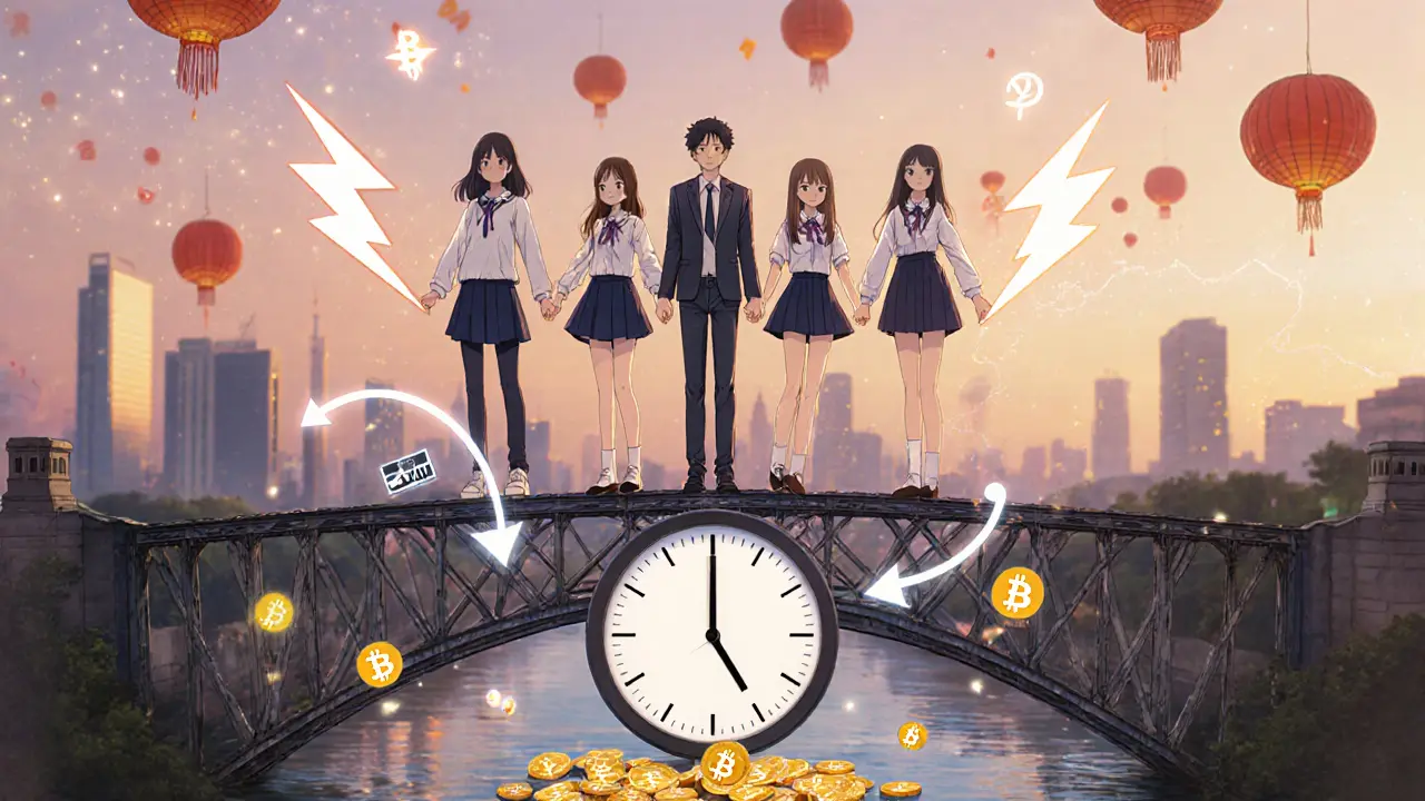 Teenagers stand on a payment bridge as XRP and Bitcoin Lightning arrows connect continents, with Tether flowing beneath them at sunset.