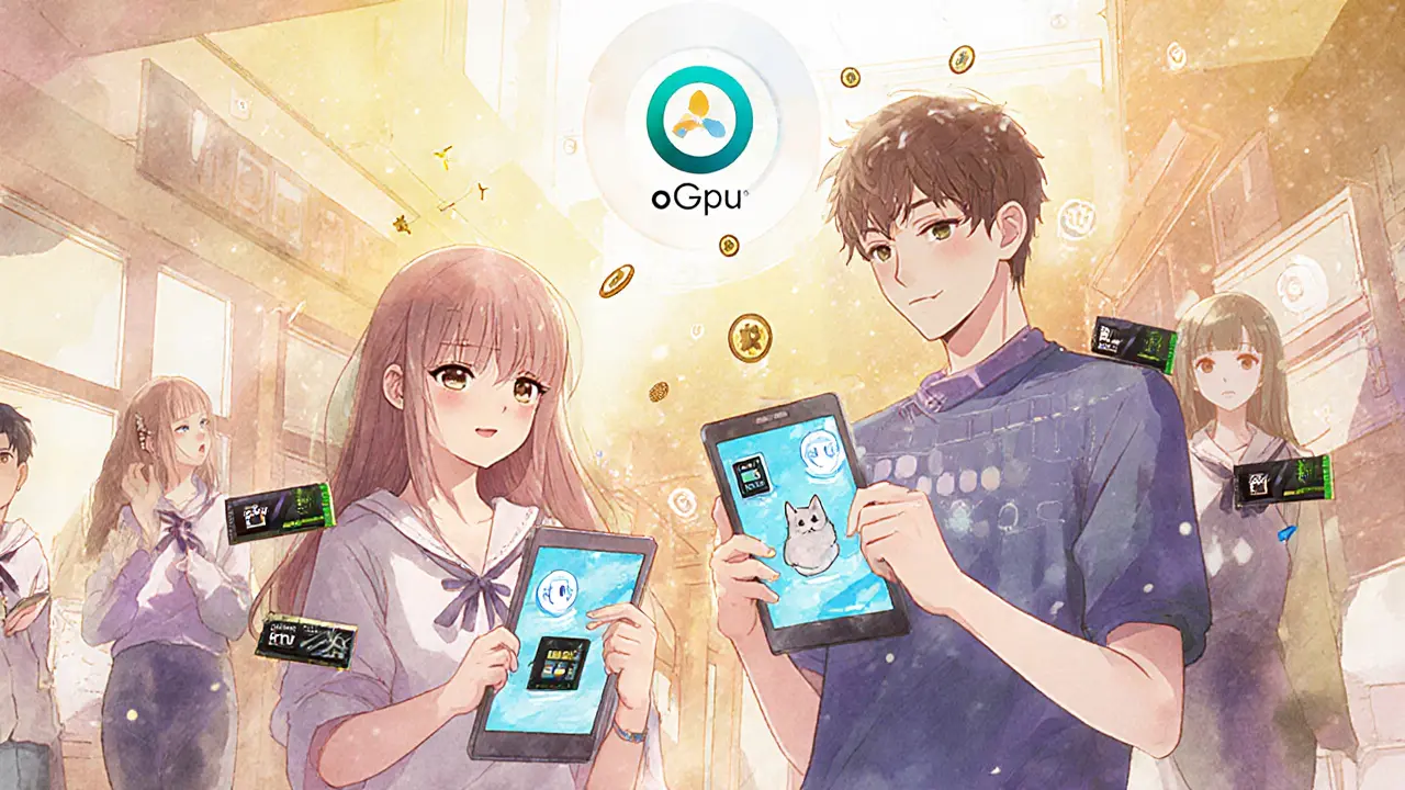 Teens sharing GPU power through tablets as OGPU tokens float like fireflies.